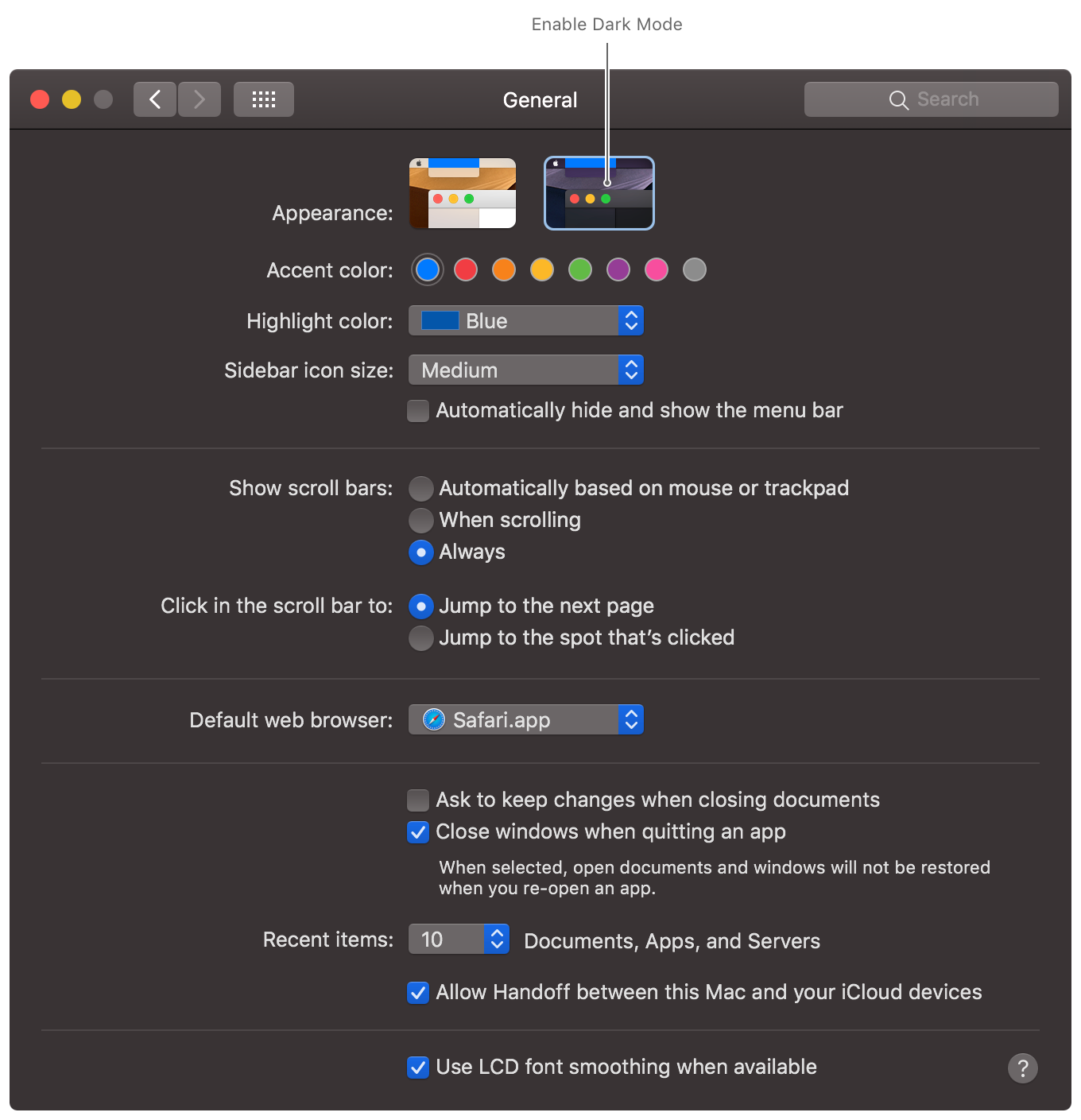 图像显示了 macOS 中“系统偏好设置”App 的“通用”面板,用户可以在这个面板中启用深色模式。